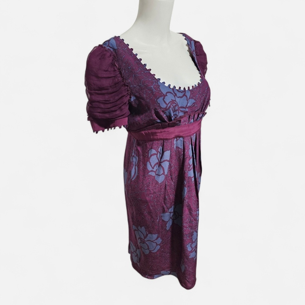 Black Halo Womens Purple Blue Floral 100% Silk Empire Waist Mini Dress Large Y2K